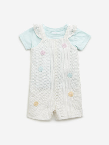 HOP Baby White Crochet Design Dungaree with T-Shirt Set