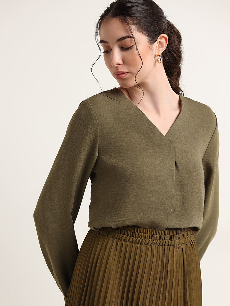 Wardrobe Solid Olive V Neck Top