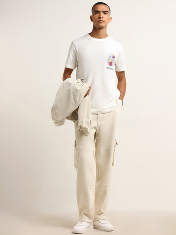 Nuon Off-White Cargo-Style Mid Rise Loose Fit Jeans