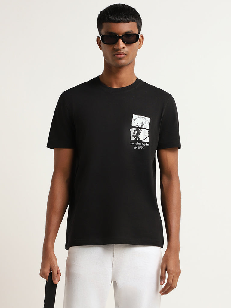 Nuon Black Slim-Fit Printed Cotton T-Shirt