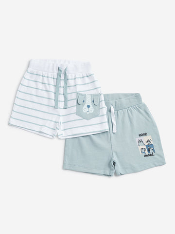 HOP Baby Teal & White Striped & Print Mid Rise Shorts - Pack of 2