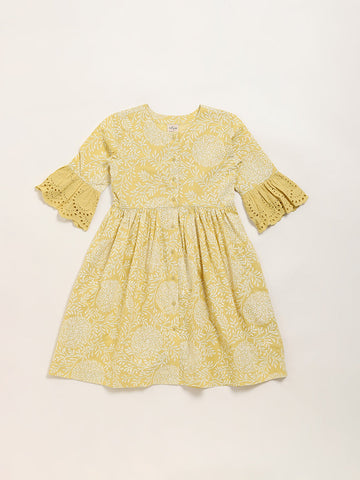 Utsa Kids Mustard Floral Design A-Line Cotton Dress (8 -14yrs)