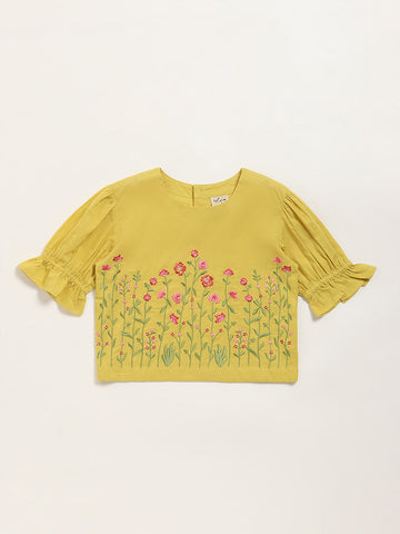 Utsa Kids Mustard Floral Embroidered Cotton Top (8 -14yrs)