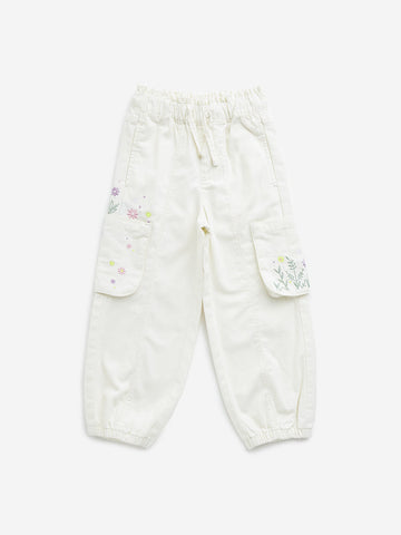 HOP Kids Off-White Floral Embroidered Mid-Rise Joggers