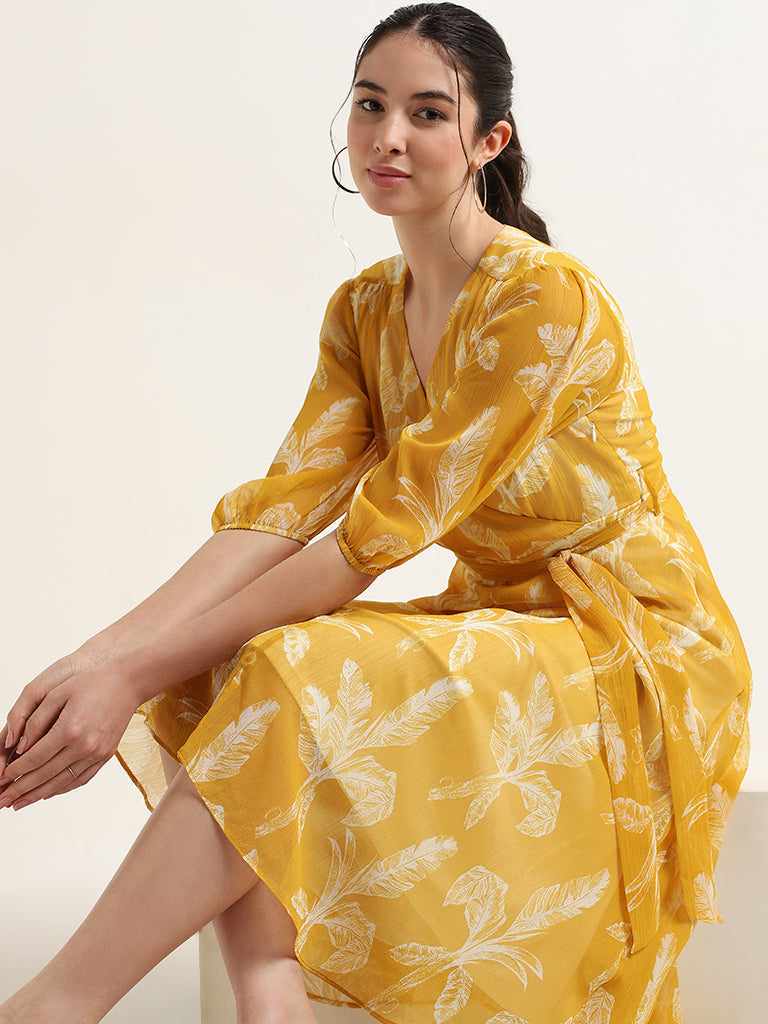 Wardrobe Yellow Printed Wrap Midi Dress with Belt