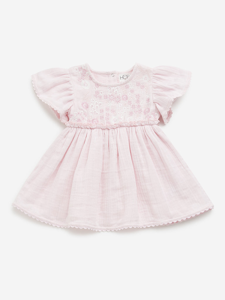 HOP Baby Pink Floral Embroidered A-Line Cotton Dress