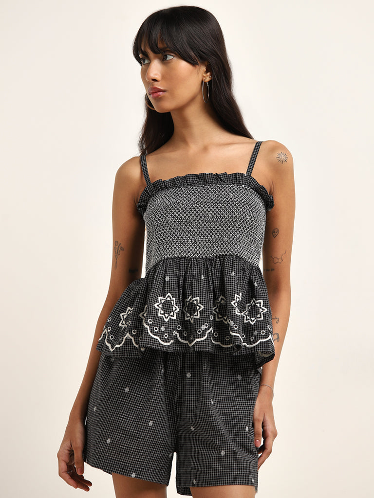 Bombay Paisley Black Checkered Design Peplum Cotton Top