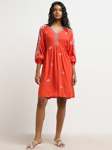 LOV Dark Orange Floral Embroidered A-Line Dress