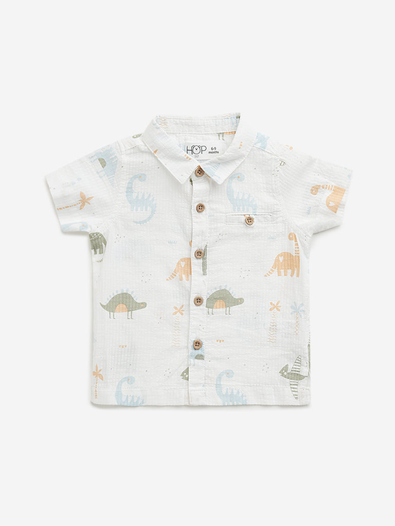 HOP Baby White Dinosaur Patterned Seersucker Shirt