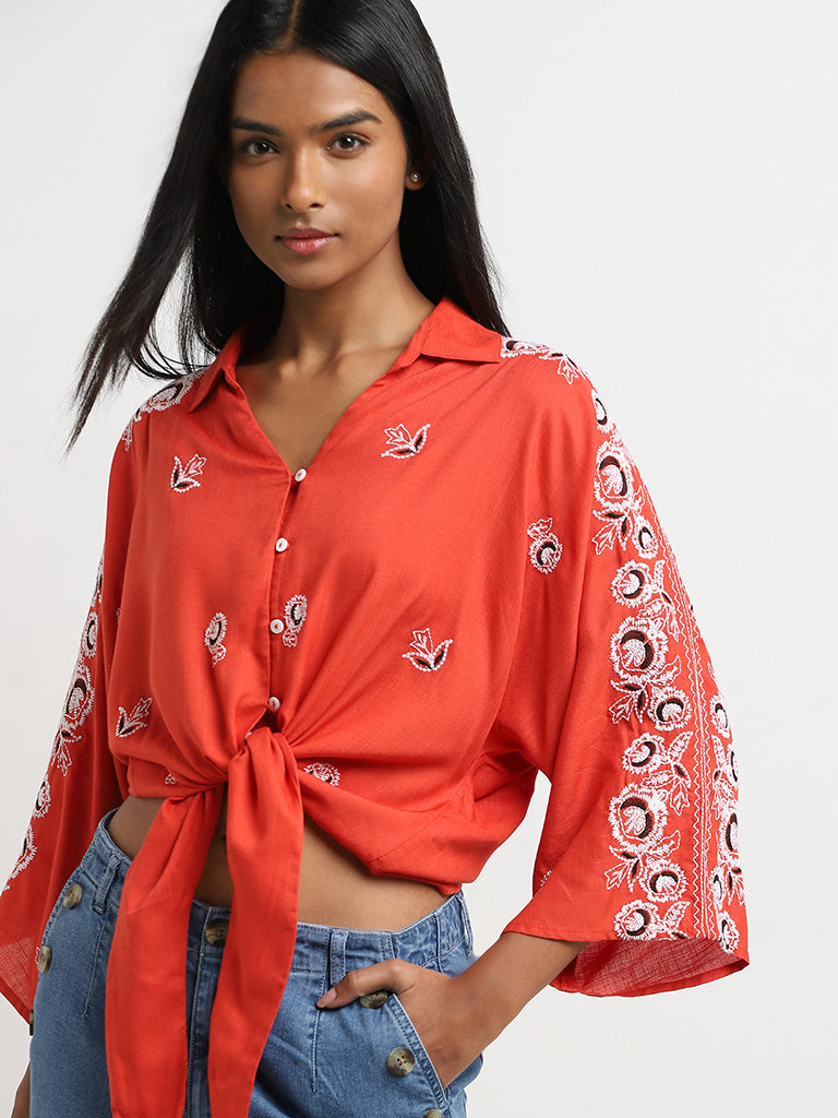 LOV Dark Orange Floral Embroidered Tie-Up Top