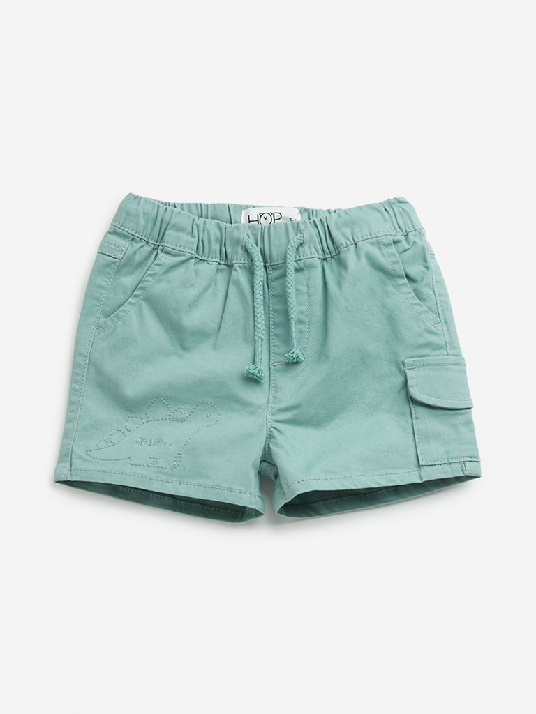 HOP Baby Sage Green Embroidered Mid-Rise Cotton Shorts