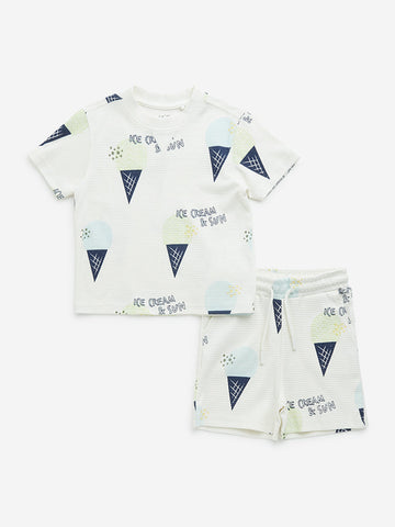 HOP Kids Off-White Ice-Cream Design Cotton T-Shirt and Mid-Rise Shorts Set