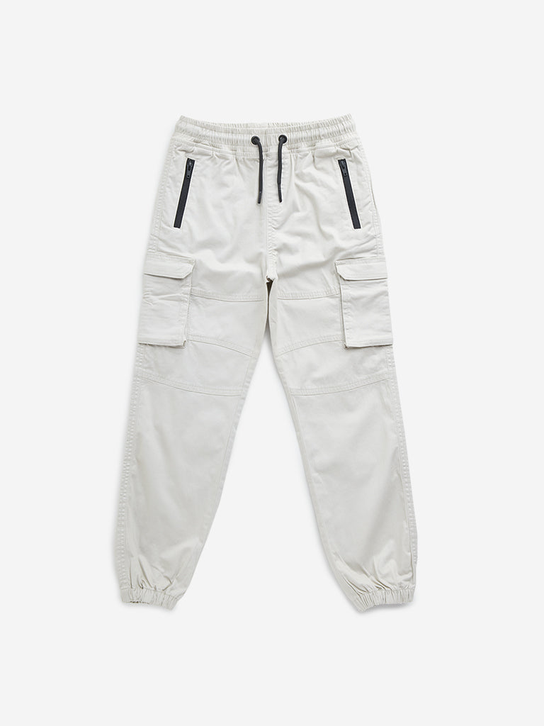 HOP Kids Off-White Cargo-Style Mid-Rise Cotton Blend Joggers