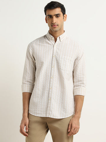 WES Casuals Beige Striped Seersucker Slim-Fit Cotton Shirt