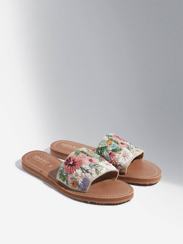 LUNA BLU Beige Floral Embroidered Slides