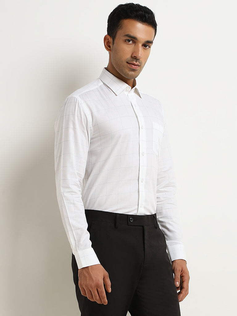 WES Formals White Checkered Print Relaxed-Fit Cotton Shirt