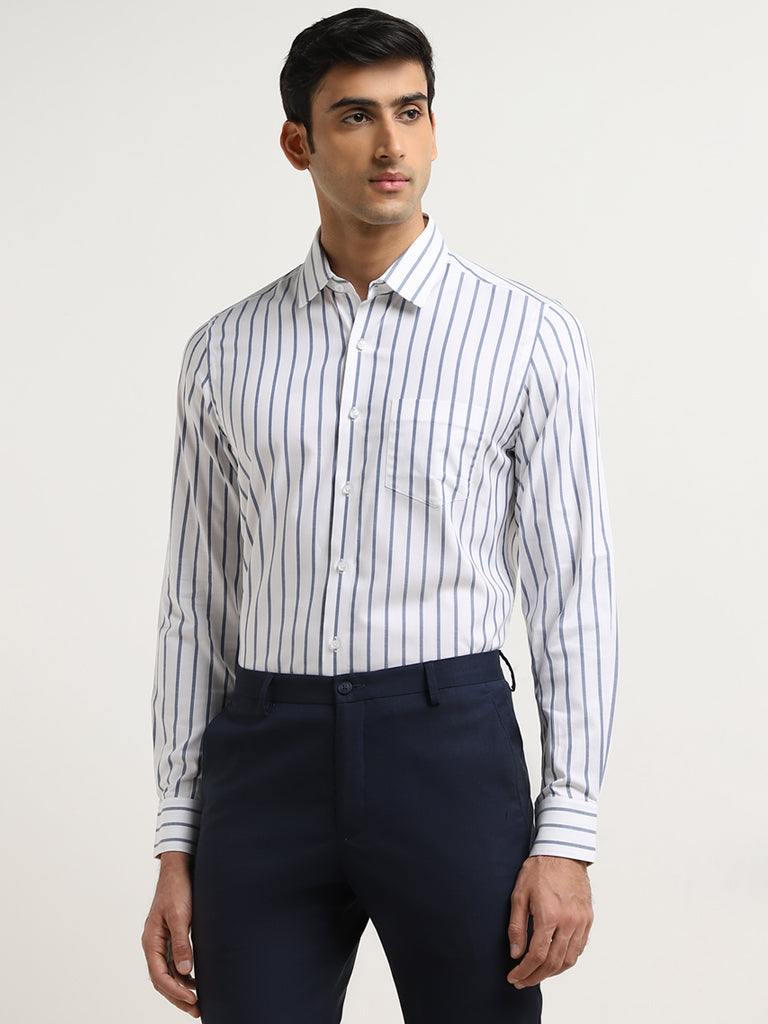 WES Formals White Stripe Printed Slim-Fit Cotton Shirt