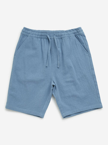 Y&F Kids Dusty Blue Solid Mid-Rise Cotton Shorts