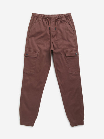 Y&F Kids Brown Cargo-Style Mid-Rise Cotton Blend Joggers