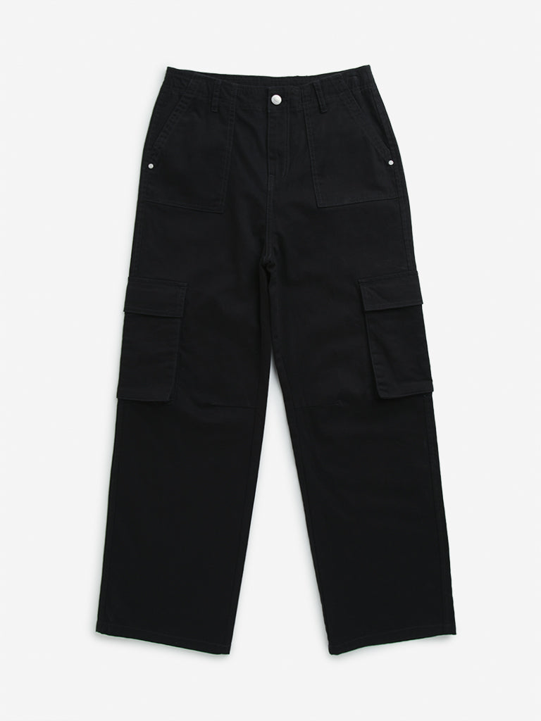 Y&F Kids Black High-Rise Cargo-Style Cotton Blend Pants