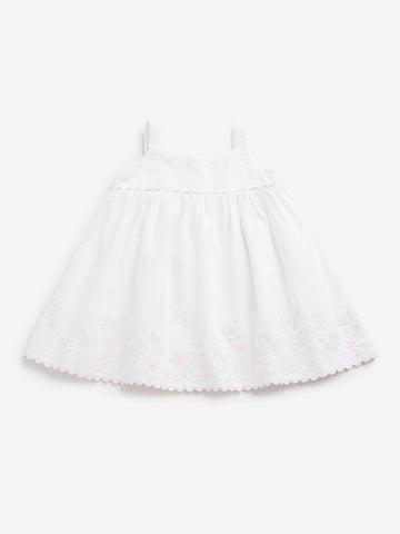 HOP Baby White Empire Line Floral Embroidered Cotton Dress