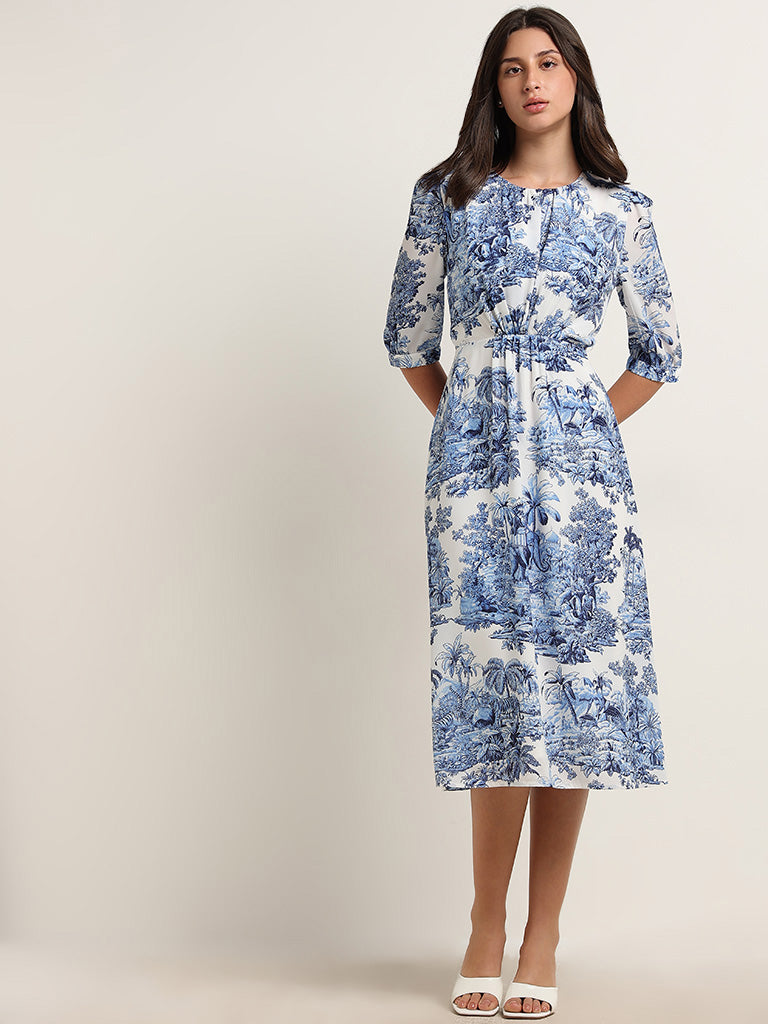 Wardrobe Ivory & Blue Foliage Printed Straight Dress