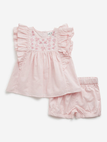 HOP Baby Pink Floral Cotton Top with Mid-Rise Shorts Set