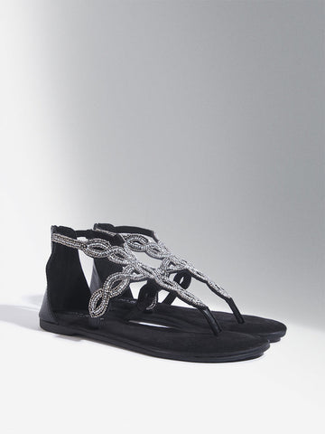 LUNA BLU Black Embellished T-Strap Sandals