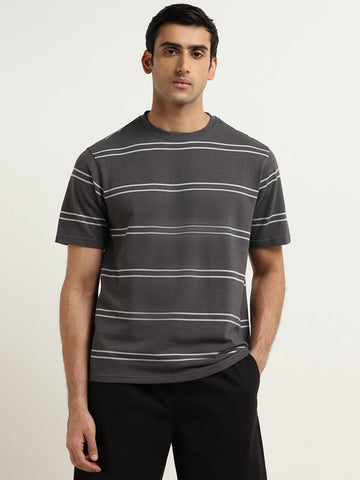 WES Lounge Dark Grey Striped Design Relaxed-Fit T-Shirt