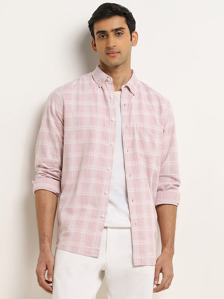 WES Casuals Pink Checks Printed Relaxed-Fit Cotton Shirt