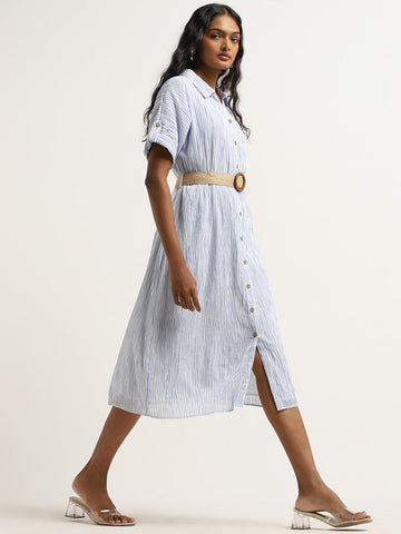 LOV Blue Striped Design Shirt Cotton Dress With Belt