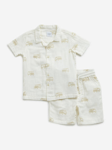 HOP Kids Off-White Car Cotton Shirt with Mid-Rise Shorts