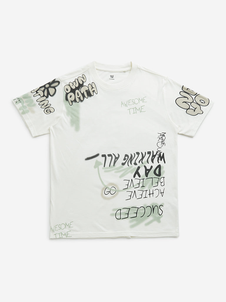 Y&F Kids Off-White Text Printed Cotton T-Shirt