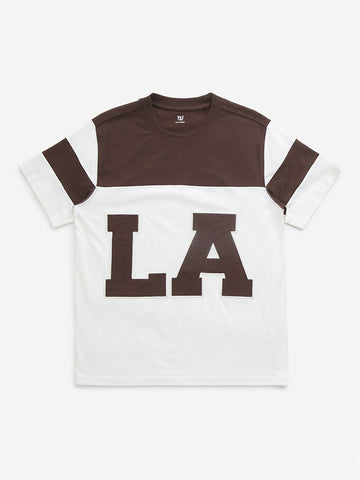 Y&F Kids Brown Text Design Colour-Blocked Cotton T-Shirt