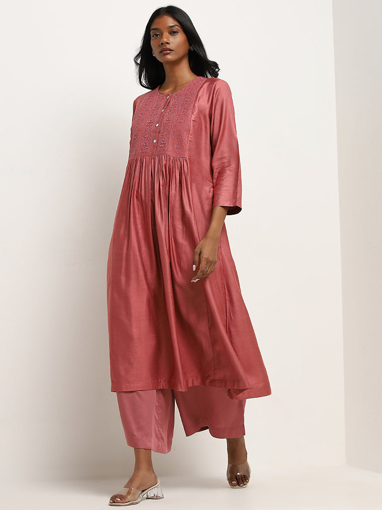 Zuba Dusty Pink Embroidered A-Line Kurta