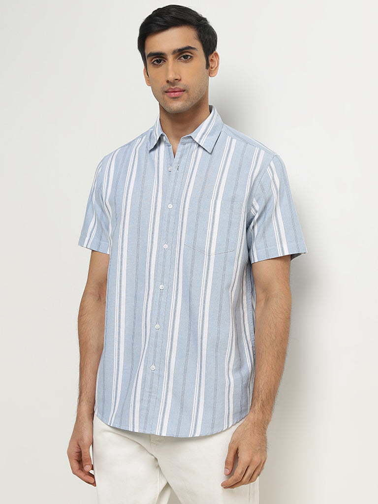 WES Casuals Blue Stripe Printed Relaxed-Fit Cotton Shirt