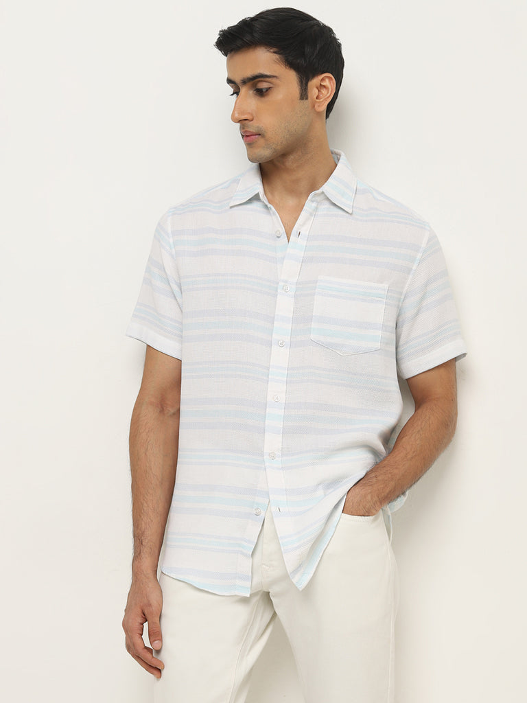 WES Casuals Blue Striped Relaxed-Fit Cotton Shirt