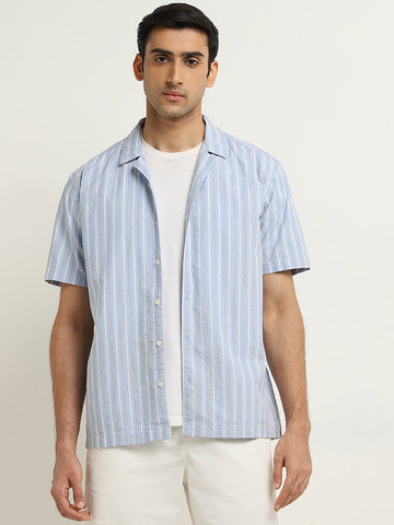 WES Casuals Blue Striped Relaxed-Fit Cotton Shirt