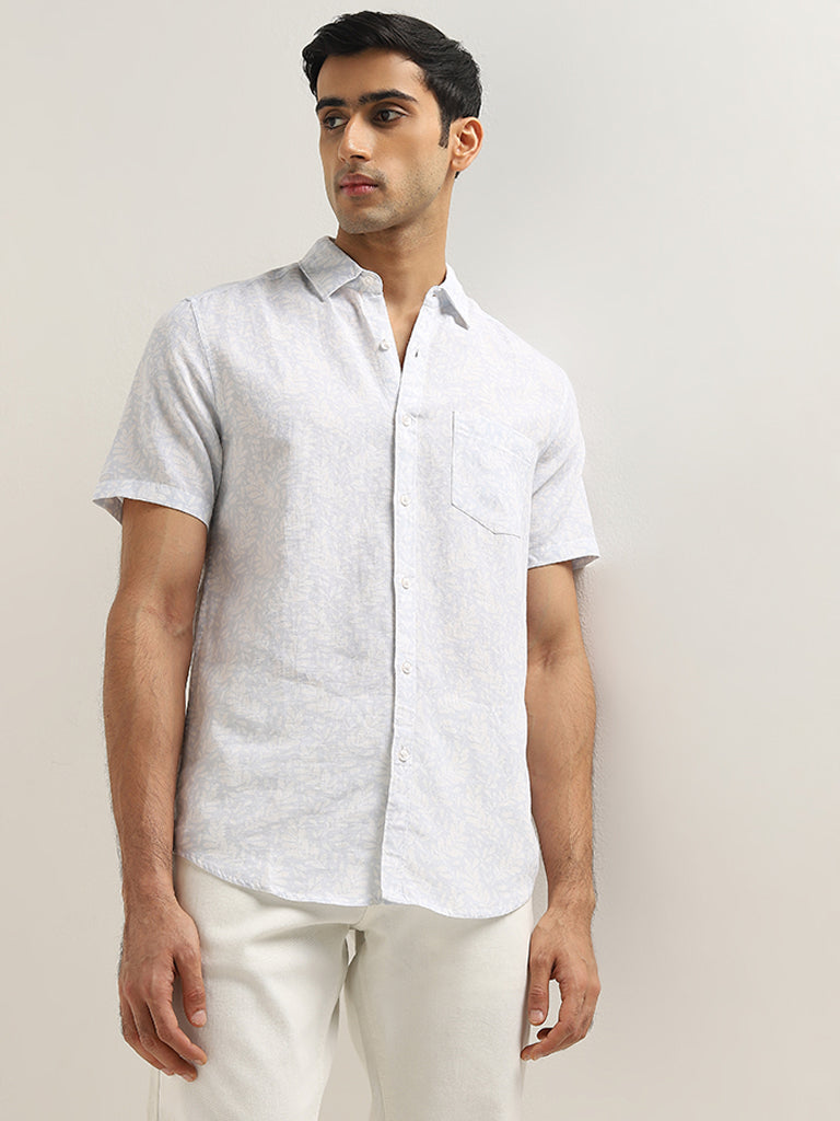 WES Casuals Light Blue Leaf Printed Slim-Fit Blended Linen Shirt