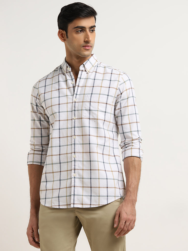 WES Casuals Beige Checkered Design Relaxed-Fit Cotton Shirt