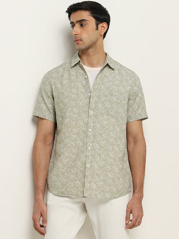 WES Casuals Sage Floral Printed Slim-Fit Cotton Shirt