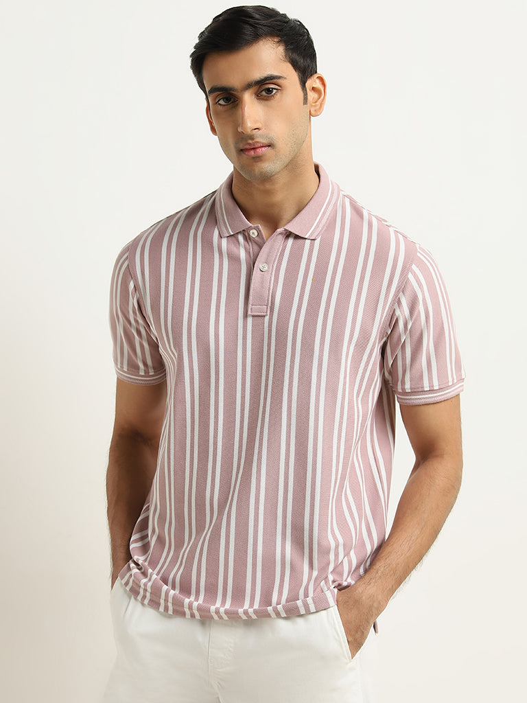 WES Casuals Dusty Pink Striped Relaxed-Fit Polo T-Shirt