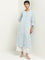 Utsa Light Blue Botanical Printed A-Line Cotton Blend Kurta