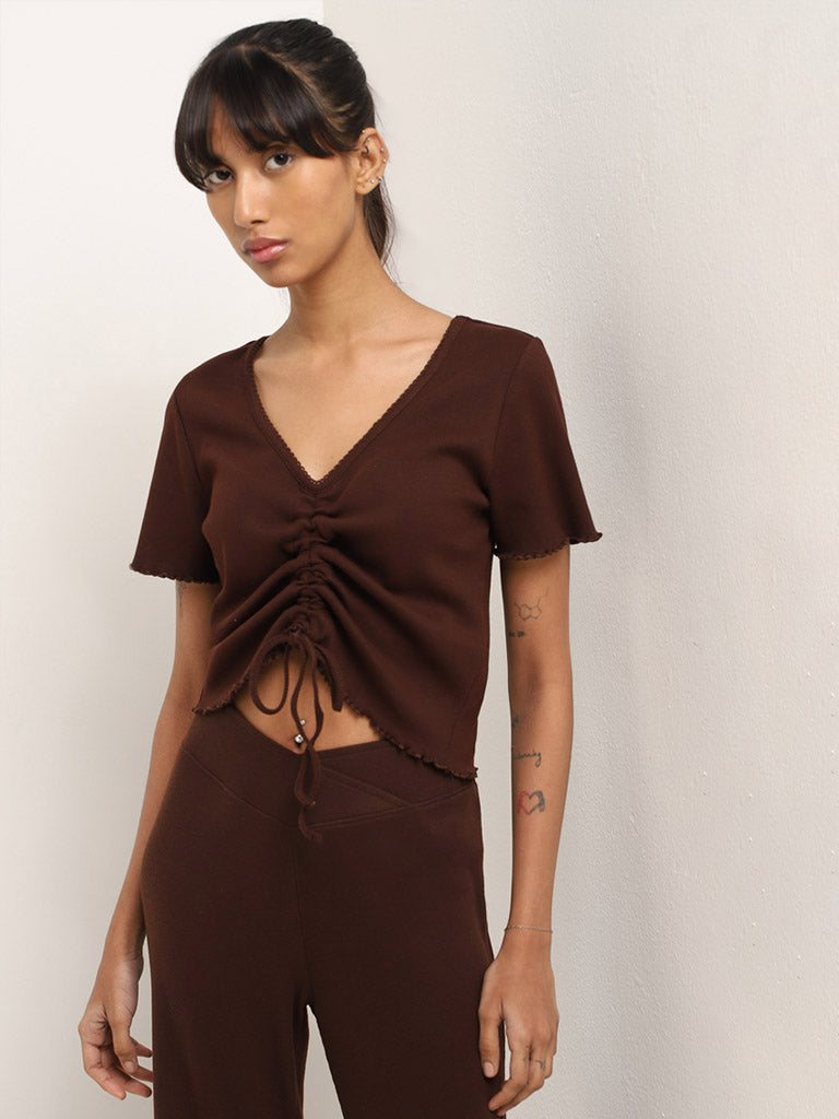 Superstar Brown Ruched-Detailed Cotton Blend Top