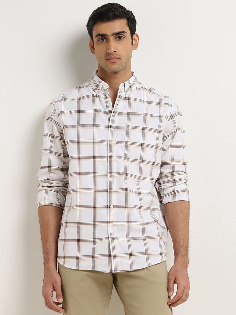 WES Casuals Beige Checks Printed Relaxed-Fit Cotton Shirt