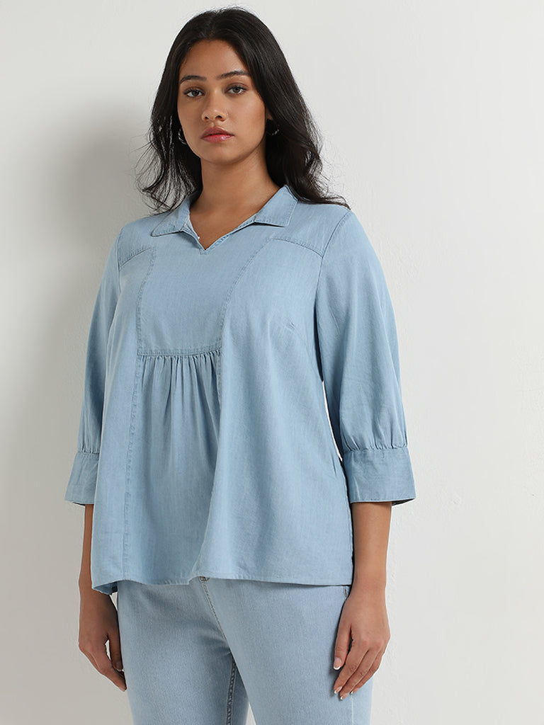 Gia Light Blue Chambray Cotton Blouse