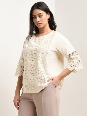 Gia Beige Schiffli Design Cotton Top