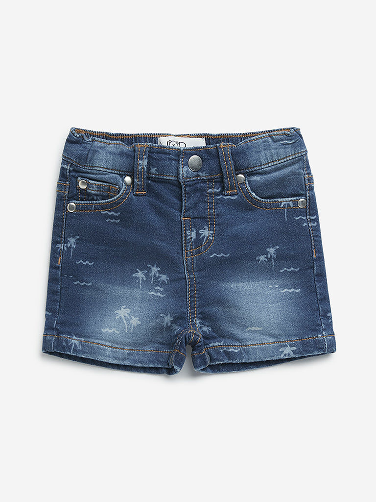 HOP Baby Dark Blue Printed Mid-Rise Denim Shorts