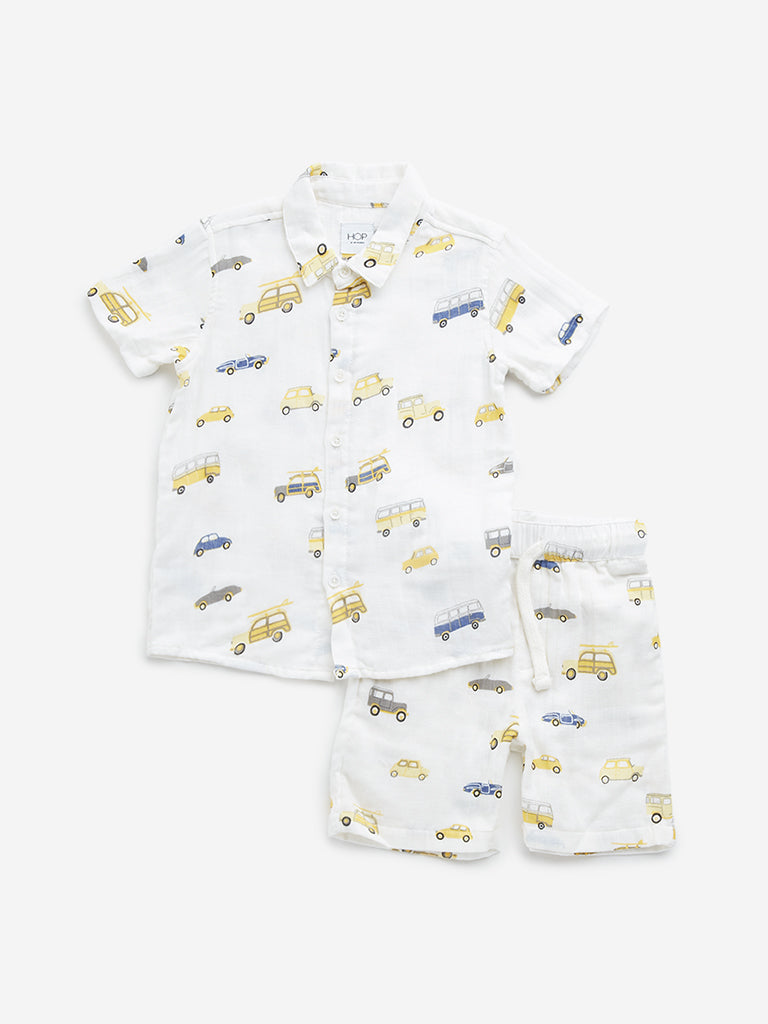 HOP Kids Off-White Vehicle Printed Cotton Shirt with Mid-Rise Shorts Set