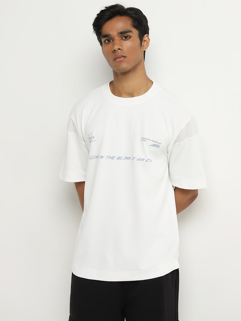 Studiofit White Text Printed Relaxed-Fit T-Shirt